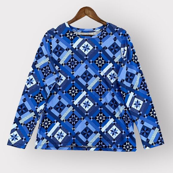 Lands' End Shirt‎ Women PM Blue Geometric Quilt Print Supima Cotton Crewneck i53 - Picture 1 of 12